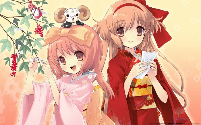 Two girls in kimonos with a ram creature from Nanatsuiro Drops