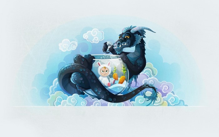 Dragon holding a fishbowl with a child and carrots