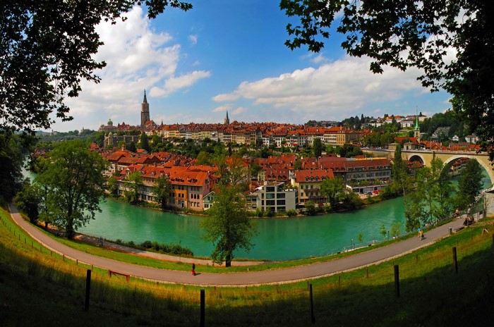 Bern, Switzerland cityscape with river and bridge