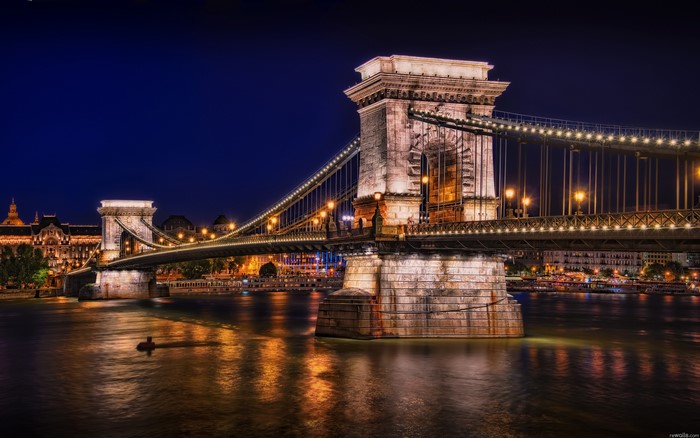 Chain Bridge over Danube River at Night, Budapest, Hungary