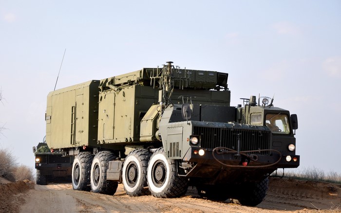 Russian Pantsir-S1 missile launcher vehicle on a dirt road