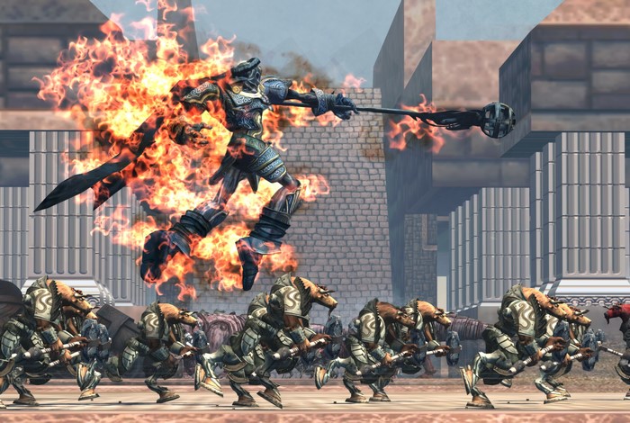 Demigod in flames fighting creatures