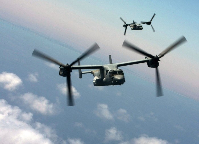 Two MV-22 Osprey aircraft in flight