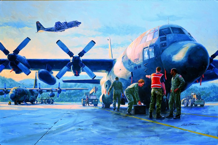 Gil Cohen painting of C-130 aircraft and crew