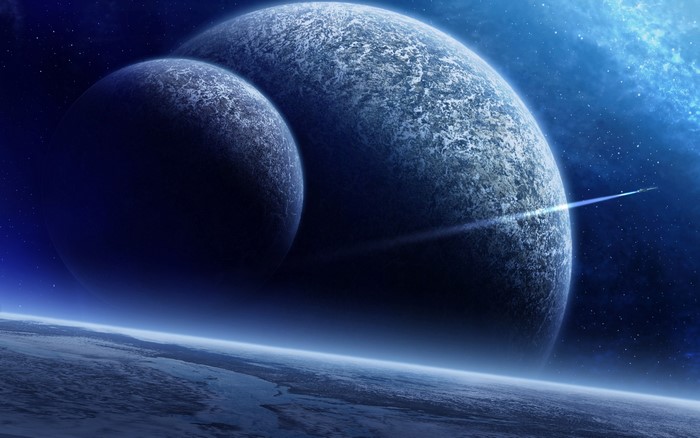 Two planets in space with a spaceship