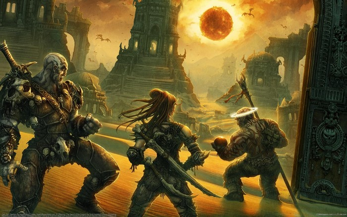 Fantasy warriors in a desert landscape with ancient ruins