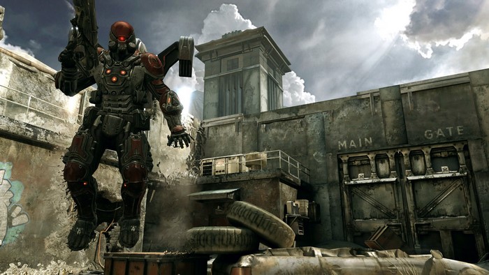 Mutant soldier with jetpack in a destroyed city