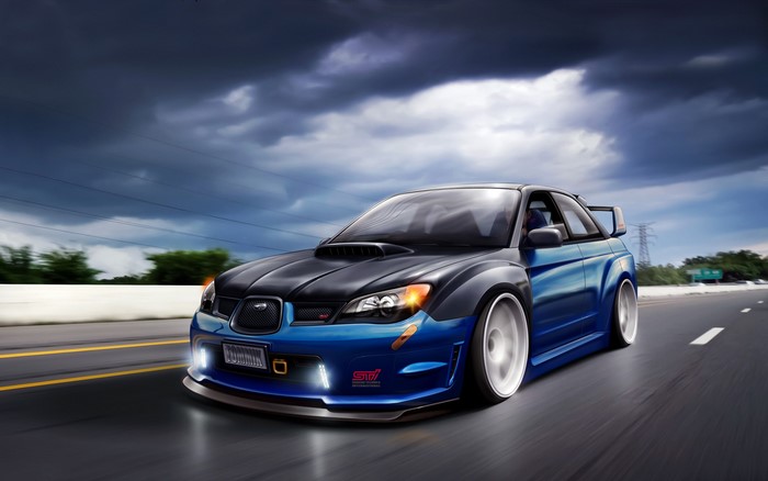 Blue Subaru WRX STI modified car on a highway