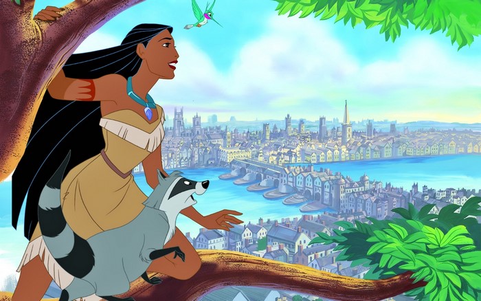 Pocahontas and Meeko overlooking a city