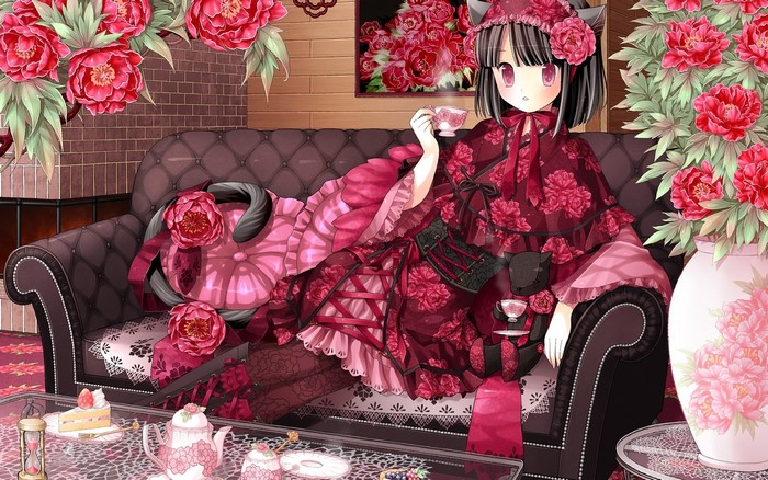 Neko Girl in a Victorian-style room with flowers