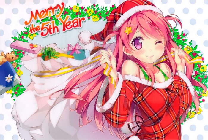 Anime girl in Santa hat with gifts