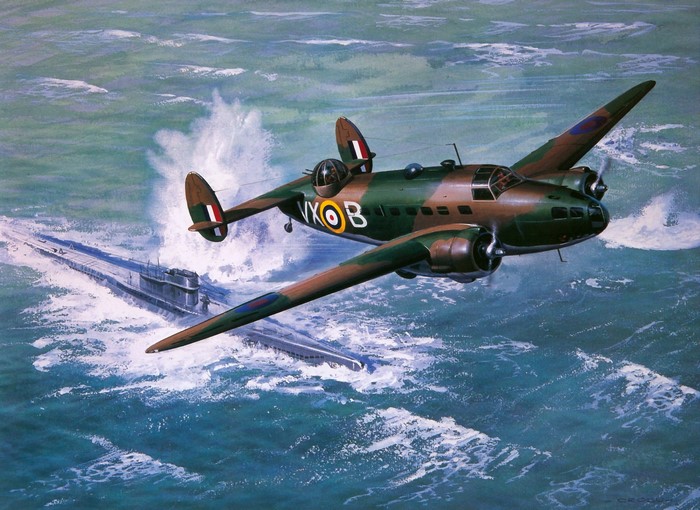 Painting of a bomber aircraft attacking a submarine
