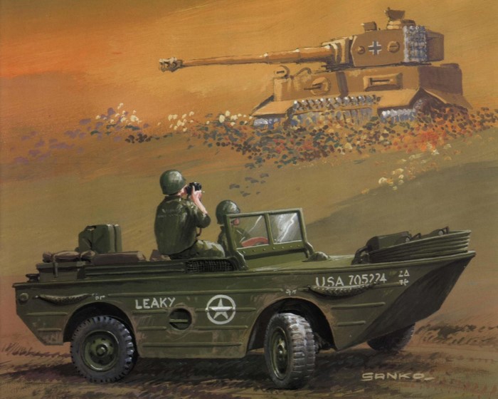 Painting of a military scene with a tank and a vehicle