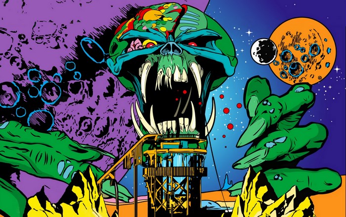 Eddie from Iron Maiden in a cosmic landscape