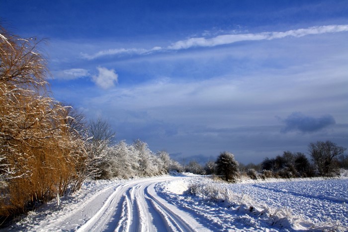 Snowy road through a winter landscape under a blue sky