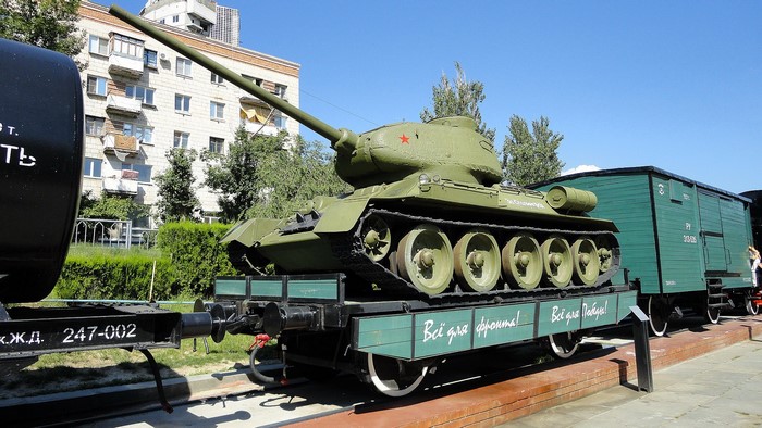 Soviet T-34 tank on a train car