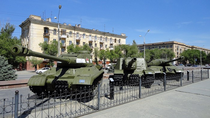 Soviet tanks on display in a city square