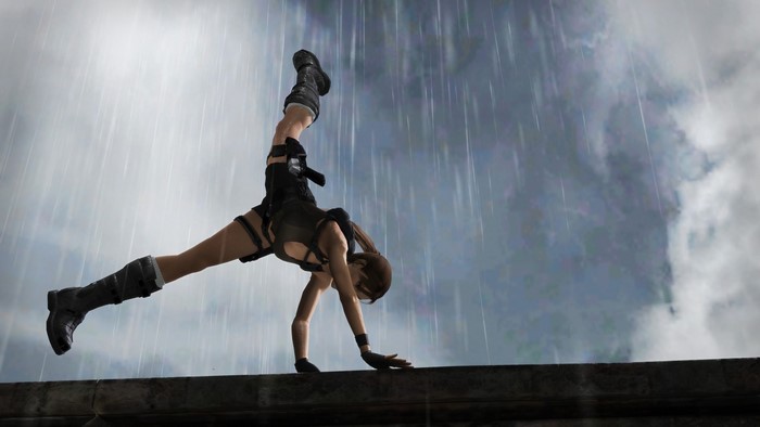 Lara Croft from Tomb Raider performing a handstand