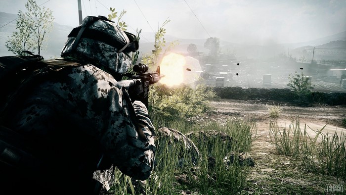 Soldier firing assault rifle in Battlefield