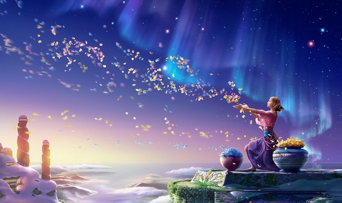 A woman releasing petals under the aurora borealis