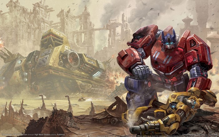 Optimus Prime from Transformers fighting in a ruined city