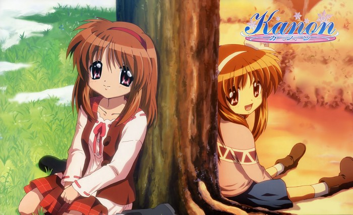 Two girls from Kanon leaning against a tree