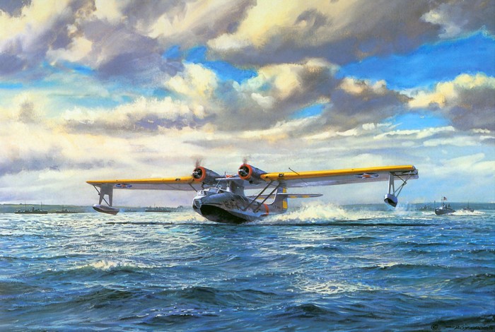 Painting of a seaplane taking off from water