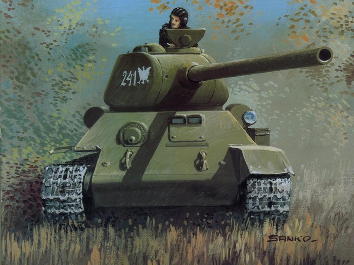 Painting of a Soviet T-34 tank with a crew member