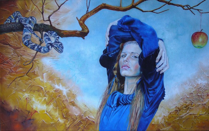Woman in blue dress with snake and apple