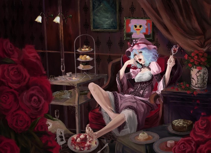 Remilia Scarlet from Touhou Project with cake and roses