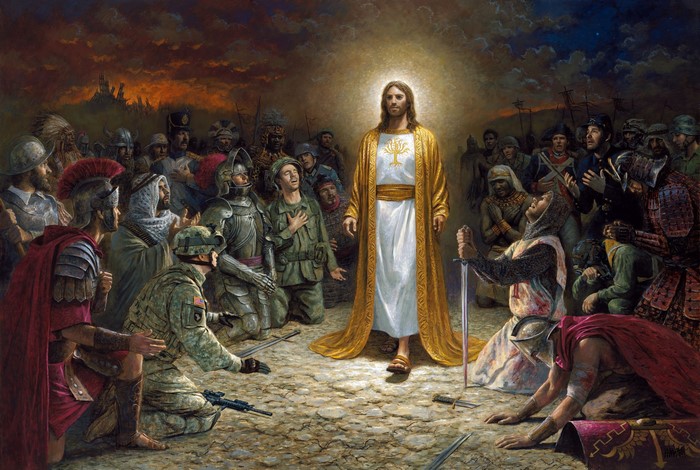 Jesus Christ appears before soldiers from different eras