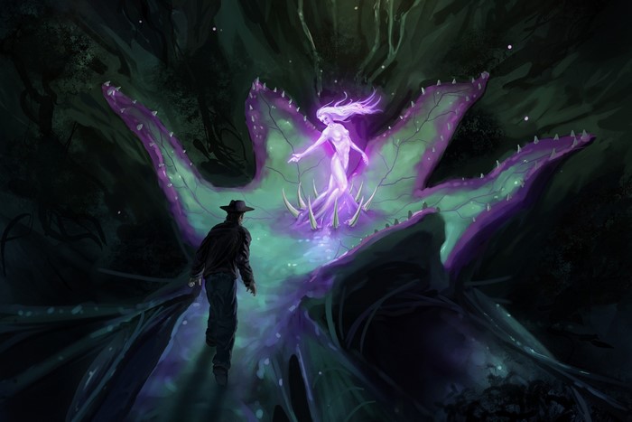 Man in hat encounters glowing female entity in alien plant