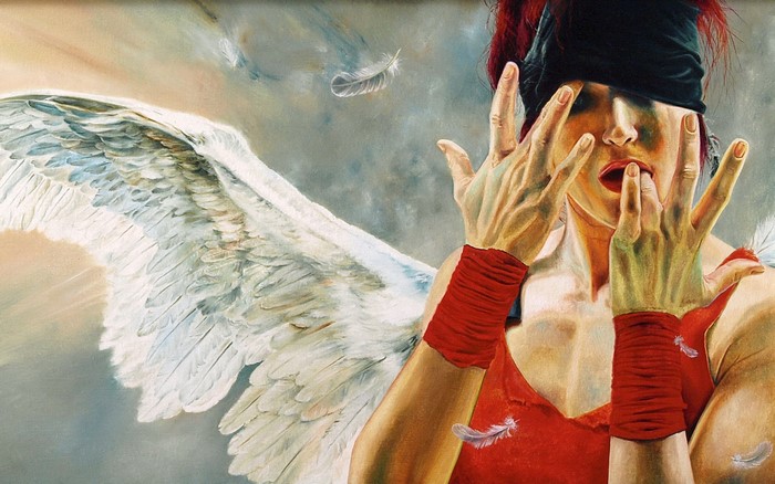 Angel with blindfold and red armbands