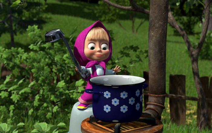 Masha Cooking with a Big Ladle in Masha and the Bear
