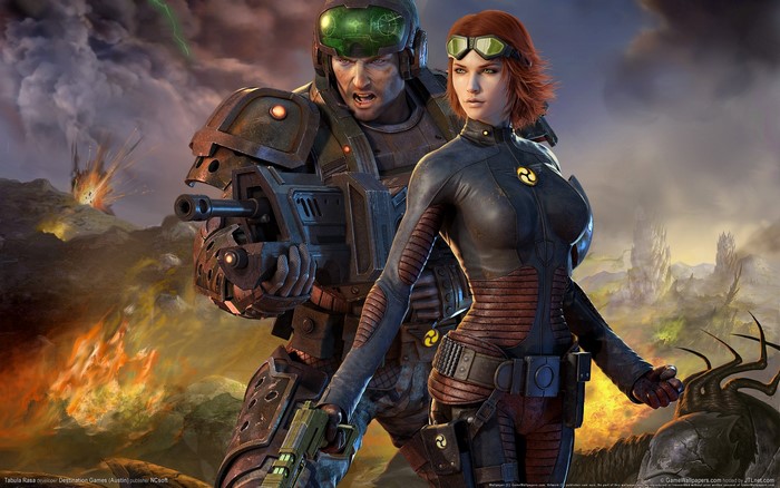 Tabula Rasa characters in a war-torn landscape