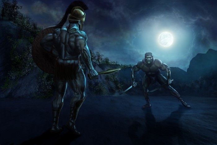 Two warriors facing each other under the moonlight
