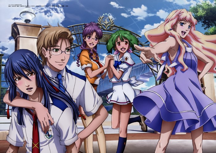 Macross Frontier characters in front of a school gate