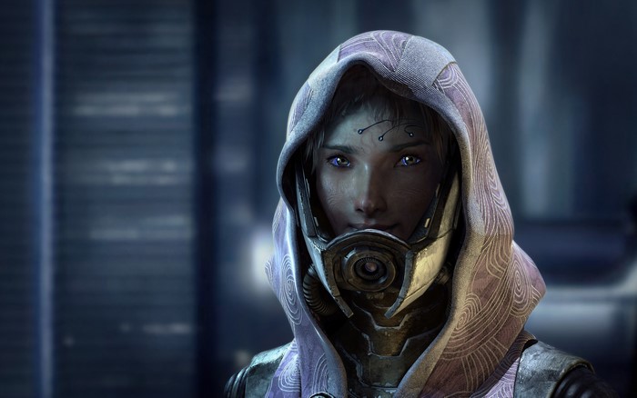 Female character from Mass Effect with hood and mask