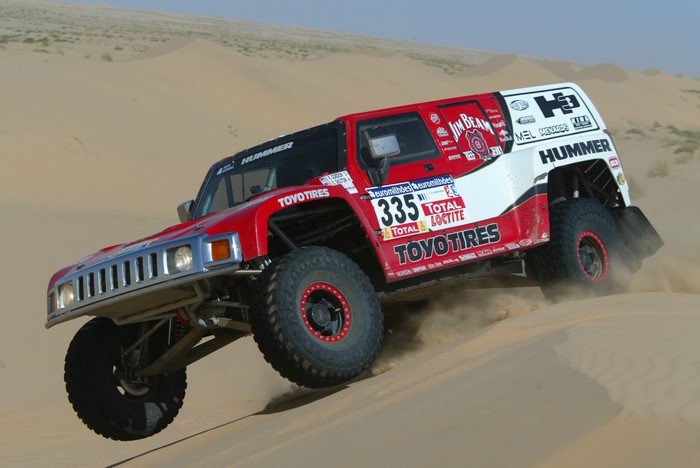 Red Hummer H3 race car in desert