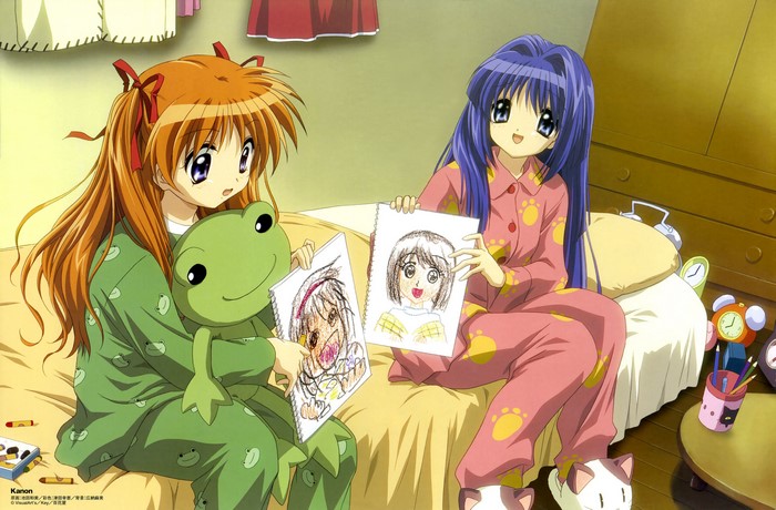 Two girls with drawings and a frog plushie from Kanon