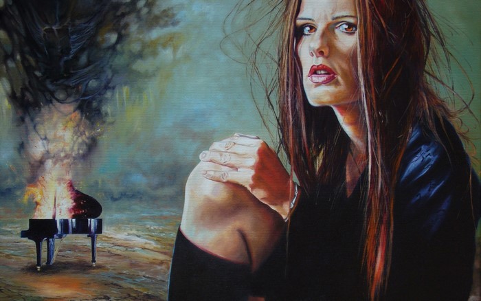Woman looking at burning piano