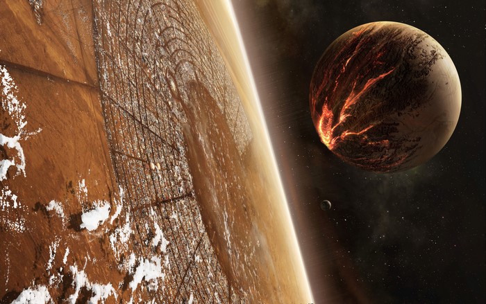 Alien Planet with Lava and Cityscape