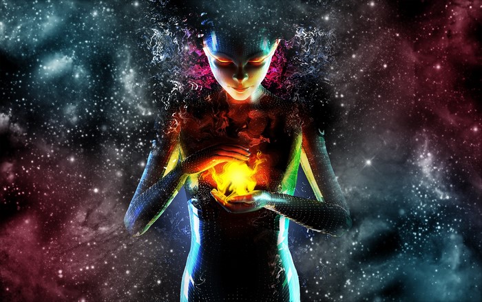 Woman holding magical fire in cosmic background