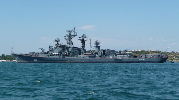 Russian Navy destroyer and landing ship at sea