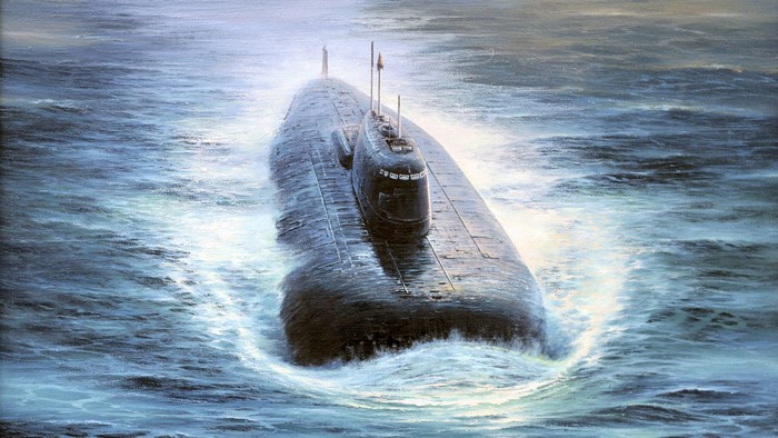 Painting of a submarine sailing through choppy waters