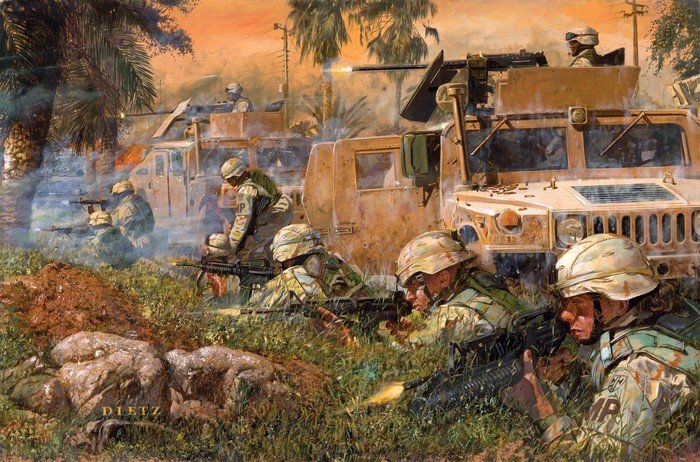 Soldiers in Humvees during combat