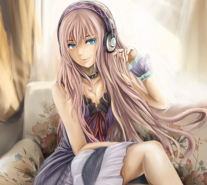 Vocaloid girl with headphones sitting on a couch