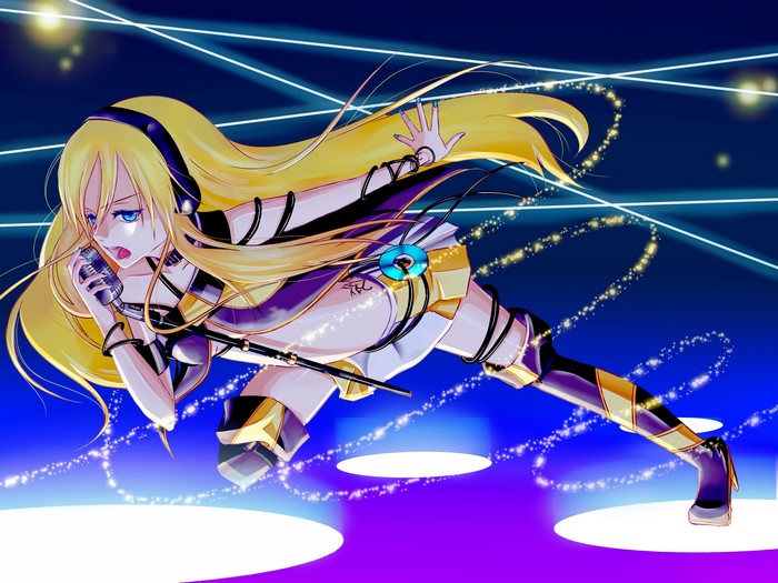 Vocaloid singing with headphones and microphone