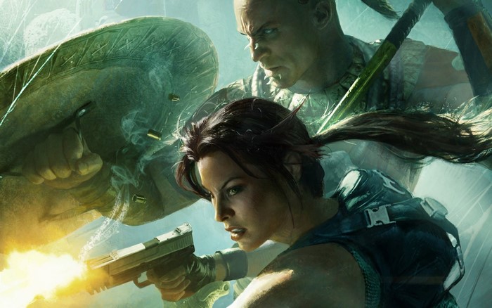 Lara Croft from Tomb Raider firing a pistol