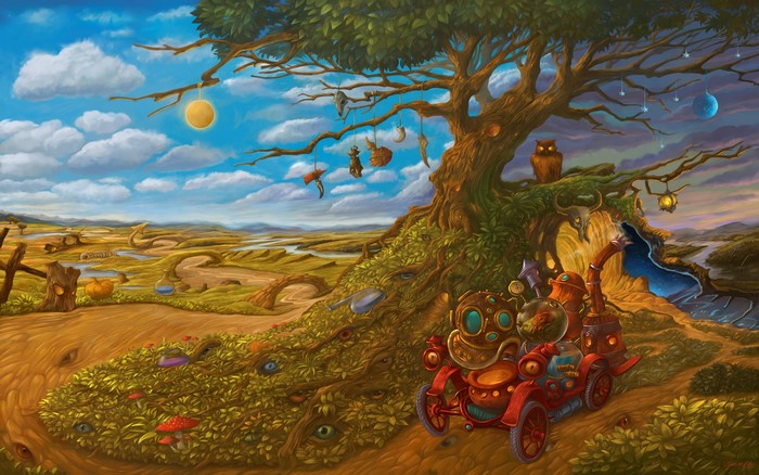 Steampunk vehicle and tree in a surreal landscape